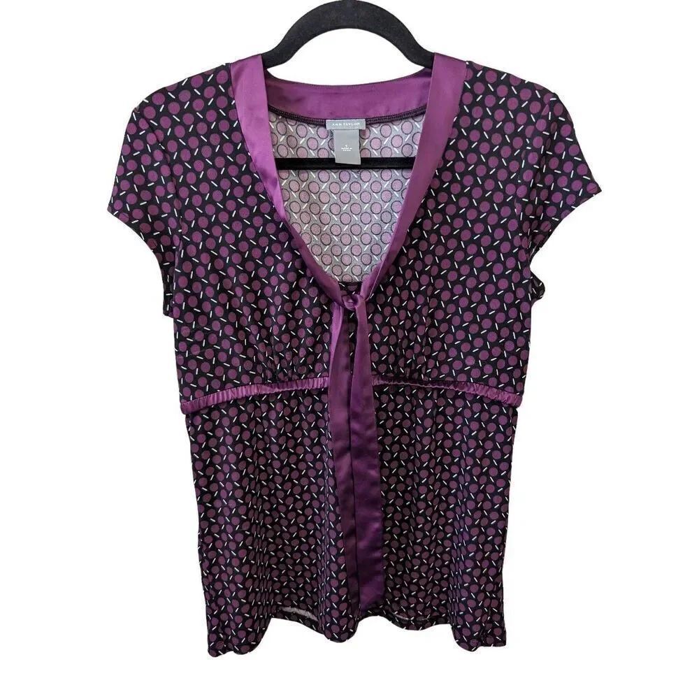 Ann Taylor Factory Women’s Black Purple Short Sleeve with Bow Tie Blouse Women's